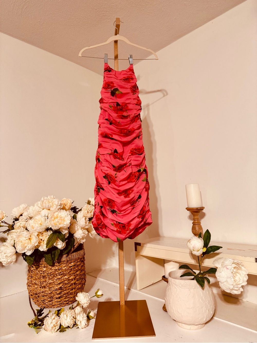 Pink Floral Ruched Slip Dress